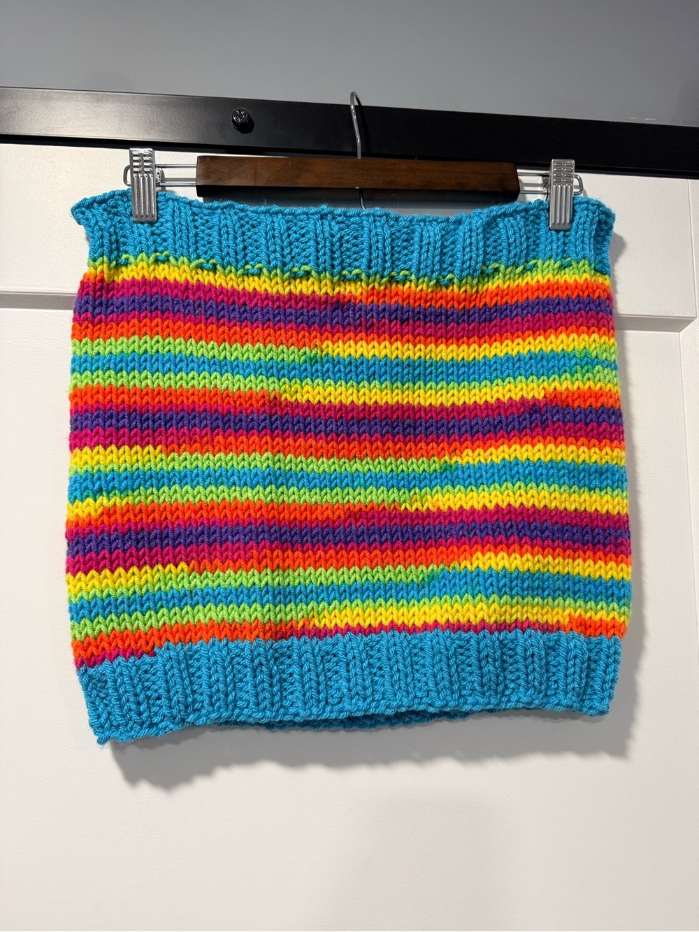 Handmade Boho Rainbow Stripe Crochet Tube Top With Blue Trim